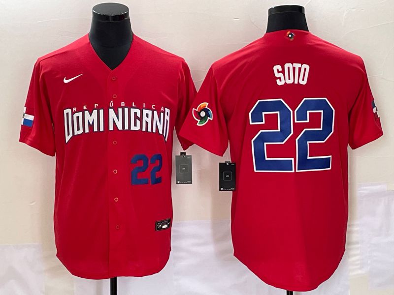 Men 2023 World Cub Dominicana #22 Soto Red Nike MLB Jersey1
